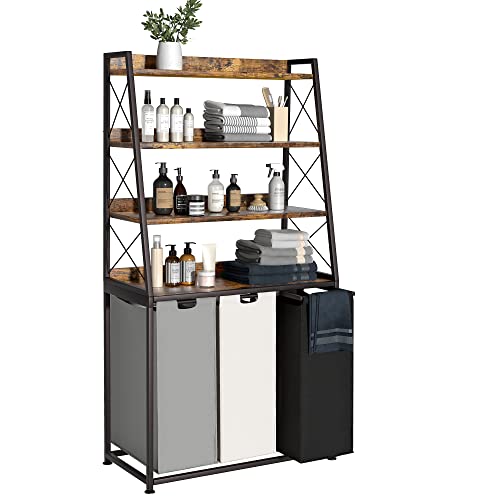 Herture Laundry Basket, 3 Section Laundry Hamper with 4 Tiers Shelf, Pull-Out and Removable Laundry Bags, Large 3 x 15.87 Gallons, for Laundry Room Bathroom Rustic Brown PF05XLN - color: Rustic Brown + 3-Color, size: 3 Bags-180 L