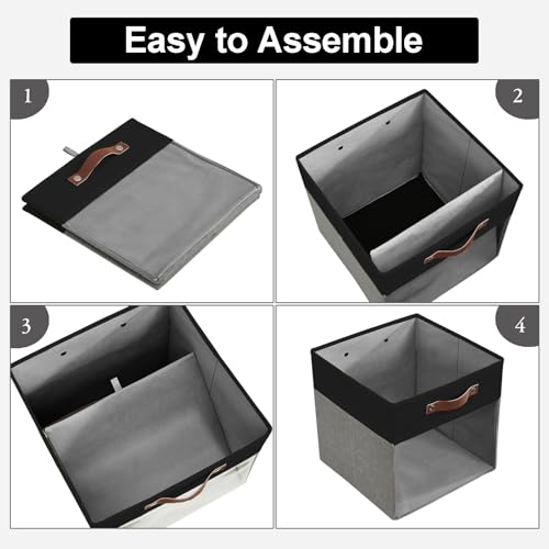 Bagnizer Storage Cubes, 4 Pack Linen Foldable Storage Bins (13 x 13 inch) with Clear Window and Handles, Fabric Organizer for Shelf Closet, Clothes, Books - (Gray and Black) - color: Gray / Black, size: 13 x 13 x 13