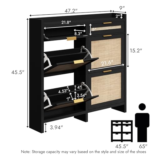 HOKYHOKY Large Rattan Shoe Storage Cabinet with 4 Flip Drawers & 2 Storage Drawers – Hidden Slim Shoe Organizer for Entryway, Large Tabletop Space, Farmhouse Boho Narrow Shoe Rack, Rustic Black - color: Rustic Black, size: 4 Flips