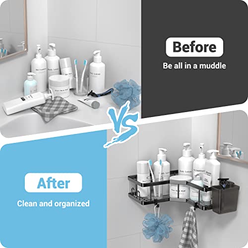 AKTECKE Corner Shower Caddy, 2 Pack Adhesive Shower Corner Organizer Shelves, No Drilling Stainless Steel Shower Storage Rack with Hooks&Toothpaste Holder for Bathroom Kitchen （for 90° Corners Only） - color: black, size: 9.6"×9.6"×2.6"
