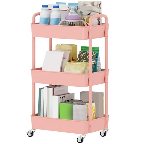 Sywhitta 3-Tier Plastic Rolling Utility Cart with Handle, Multi-Functional Storage Trolley for Office, Living Room, Kitchen, Movable Storage Organizer with Wheels, Pink - color: Pink, size: 3-tier