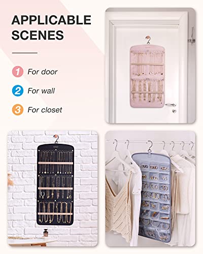 BAGSMART Hanging Jewelry Organizer, Necklace Holder Anti-tangle Earrings Rings Hanger with 20 Jewelry Bags Travel Storage Roll with Pockets Hang on Closet, Wall, Door,1 Piece, Large, Black - color: Black, size: Large - Standard