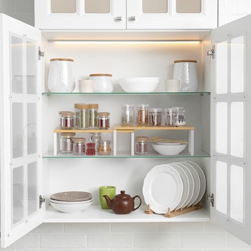 NEX Bamboo Cabinet Organizer Shelf, Set of 2 Kitchen Counter Shelves, Spice Rack, Stackable Kitchen Shelves Organizer, Pantry Cupboard Dish Mug Cup Storage Shelf, White and Natural - color: Cloud White + Natural Beige, size: 15.6''W