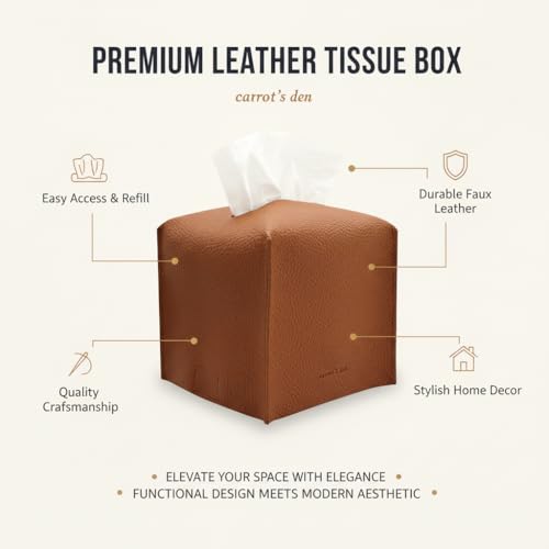 Tissue Box Cover Holder, Square with Bottom Belt by Carrot's Den - PU Leather Decorative Organizer for Tabletop, Bathroom, Car, Office | Camel - color: Camel