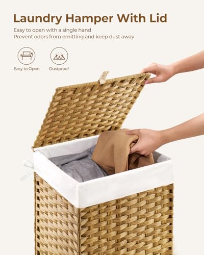 GREENSTELL Laundry Hamper with Lid, 60L Clothes Hamper with 2 Removable Liner Bags & 2 Mesh Laundry Bags, Handwoven Synthetic Rattan Laundry Basket for Clothes, Toys in Bathroom, Bedroom Natural - color: Natural, size: 60L (13.4 x 13.4 x 21.7 inches)