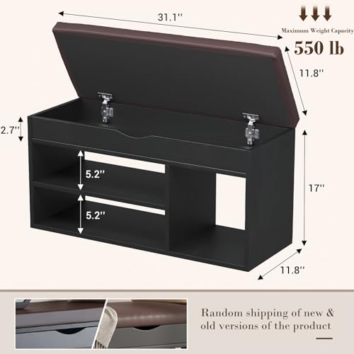 Apicizon Entryway Bench with Shoe Storage, Black, 2-Tier Shoe Rack, Padded Cushion, Wooden Frame - color: Black, size: 31 Inch