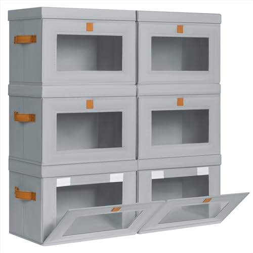 Homsorout Small Fabric Storage bins - Collapsible Storage Bins with Open Window, 6 Pack Closet Baskets for Shelves, Stackable Decorative Boxes for Home, Dorm, Grey, 13.7"x 9.8" x 9.8" - color: Grey, size: Small - 6 Pack