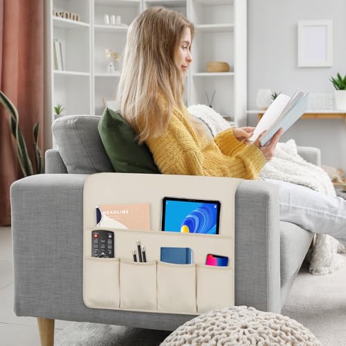Remote Control Holder for Armchair，Couch Caddy Organizer TV Remote Holder for Bed Storage 5 Pockets，Remote Caddy Bedside Organizer Bedside Table Organizer (Beige, 35''x18'') - color: Beige, size: 35''x18''