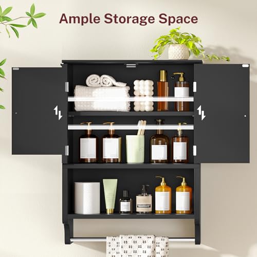 TEENFON Bathroom Wall Cabinet with Adjustable Shelves and Towel Rack, Wall Mounted Over The Toilet Storage Cabinet for Bathroom, Living Room, Black - color: Black With Towel Bar