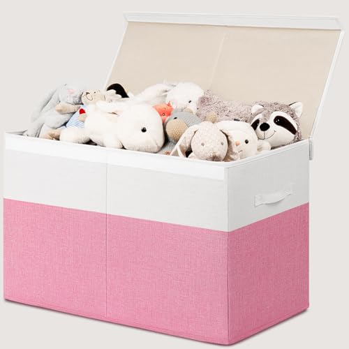 INDRESSME 25"x13"x16" Large Toy Storage Box with Lid, Collapsible Storage Organizer Baby Toy Storage for Kids Boys Girls, Toy Bin Organizer for Nursery, Bedroom, Living Room (Pink & White) - color: Pink & White, size: 25"x13"x16"