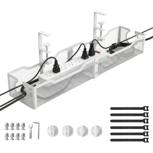 Upgraded 25.2'' Under Desk Cable Management Tray, No Drill Clamp-On Design Wire Organizer, Cable Organization Box for No Damage to Desk, Metal Cord Organizer for Home Office, White - color: White