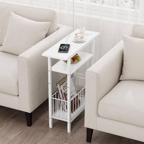 Vagusicc Narrow Side Table with Charging Station, Skinny Side End Table for Couch, 3-Tier Small End Tables for Small Spaces, 25.2" Tall Slim Nightstand Bedside Table for Living Room, Bedroom, White - color: White, style: With Plug