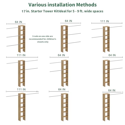 ROOMTEC Closet System, 17" Wide Wall-Mounted Closet Organizer Kit with Wood Storage Tower and 3 Hanging Rods, Wardrobe Closet System for Walk-In Closets, Wood - color: Wood, size: 17 Inch