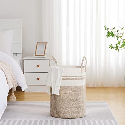 VIPOSCO Large Laundry Hamper, Tall Woven Rope Storage Basket for Blanket, Toys, Dirty Clothes in Living Room, Bathroom, Bedroom - 58L Brown & White - color: Brown & White, size: 58L