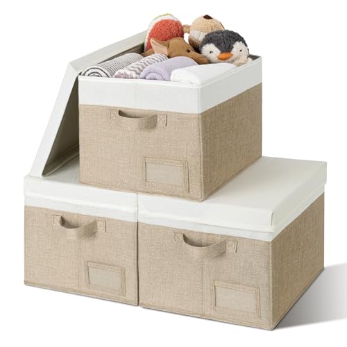 GRANNY SAYS Storage Bins with Lids, Storage Baskets for Linen Closet Shelves, Decorative Storage Boxes, Clothes Storage and Organization for Organizing, 3-Pack, Large, Khaki&Ivory - color: White&Khaki, size: Large