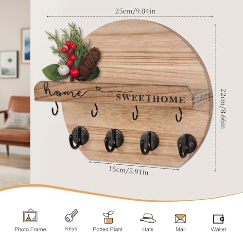 Key Holder for Wall, Key and Mail Holder Organizer - Key Holder Wall Mount with Bouquet Shelf and Key Hooks, Round Wooden Rustic Key Rack for Entryway and Home Decor (Wood) - color: wood