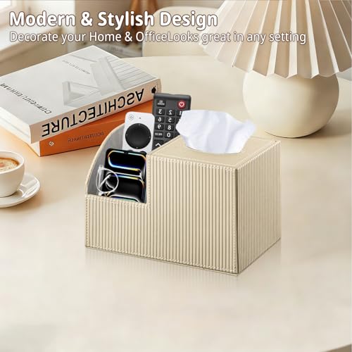 Square Multi-Functional Tissue Box Cover with Storage and Remote Control Holder - Cube Tissue Box Organizer for Bathroom, Nightstand, End Table - color: Apricot