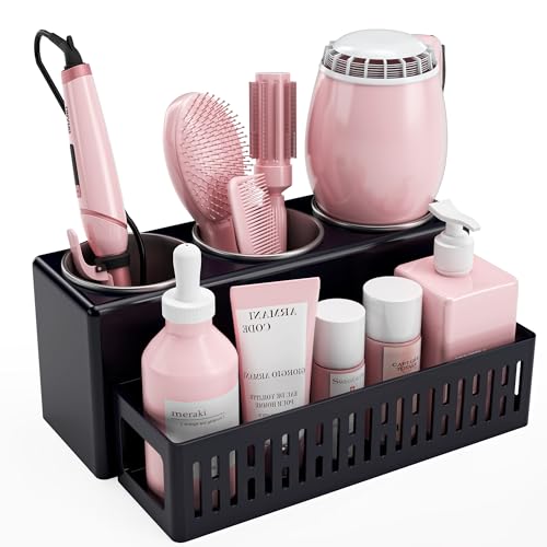 Hair Tool Organizer, Detachable Hair Dryer Holder with 3 Stainless Steel Cups, Wall Mounted Bathroom Organizers and Storage for Accessories, Curling Irons, Straighteners, Toiletries, Makeup - color: Black