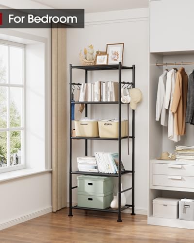 Sakugi Storage Shelves - 5-Tier Large Capacity Shelf Organizer with Hooks, Heavy-Duty Garage Shelving with Leveling Feet, Wobble-Free Rack for Bedroom, Balcony, Garage, 18.1"×12.4"×56.8", Black - color: Black, size: 18.1W×12.4D×56.8H(5T)