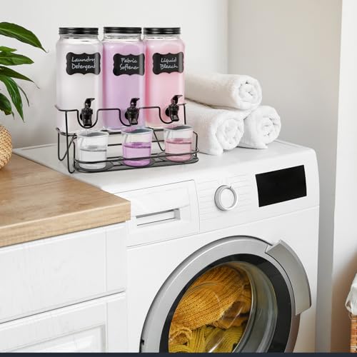 3 Sets 2.2L Liquid Laundry Detergent Dispenser, Glass Laundry Soap Dispenser with Stand, Measuring Cup, Fabric Softener Dispenser for Laundry Room Organization
