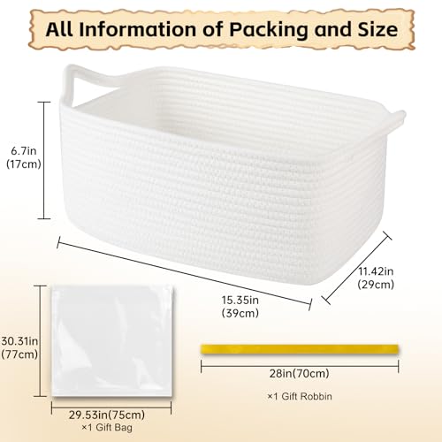 OIAHOMY 19L Woven Basket, Gift Basket Empty with Gift Bags and Ribbons, Rope Baskets for Baby Showers, Storage Baskets with Handles for Nursery, Pet Toy Organizer - White - color: White, size: Large: 15.35L*11.42W*6.7H