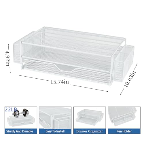 AUPSEN Computer Monitor Stands Riser，2-Tier Desk Organizers and Accessories, Office Desk Accessories Organizer with Drawers and 2 Pen Holder for Office Supplies (White) - color: White Metal