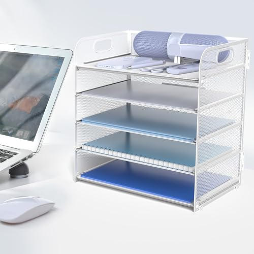 Letter Tray Paper Organizer 5-Tier Desk Organizer File Organizer Paper Holder with Handle, Metal Desktop Document Shelf Tray Office Classroom Organization - White - color: White