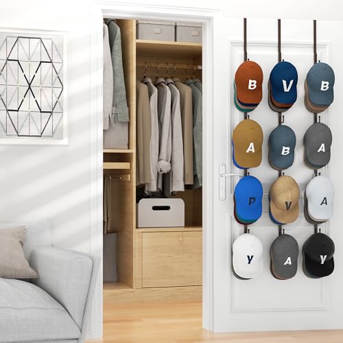 HapiRm Over Door Hat Rack - 3 Packs Hat Organizer with 12 Hooks Design, Hanging Baseball Cap Organizer Storage Holds Up to 60 Caps for Door, Bedroom, Closet (Brown) - color: Brown, size: 3 Pack