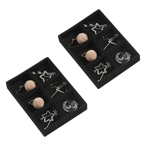 Frebeauty Small Jewelry Tray Set,Stackable Velvet Jewelry Organizer Tray,Mini Jewelry Drawer Organizer,Drawer Inserts,4.92 x 3.74 x 0.9 Inches,6 Grid Earring Organizer for Women(Set 2,Black) - color: Black, size: 6 Grids Set 2