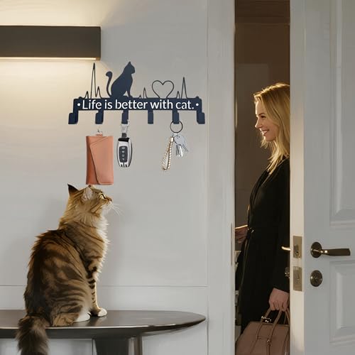 Key Holder Wall Mount with 6 Hooks, Cute Cat Key Rack Organizer for Entryway, Kitchen, Office - Rustproof, Waterproof - Easy Installation,Gift for New Homeowners - 9.8inch/25cm - color: Cat Love