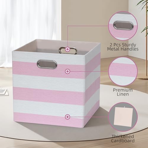 11 x 11 x 11 Inch Storage Bins, Collapsible Fabric Cubes, Cubby Organizer Bins Striped Container Baskets for Home Office Wardrobe Closet Shelf, Pack of 4, Pink/White - color: Pink/White, size: 11"x11"x11"