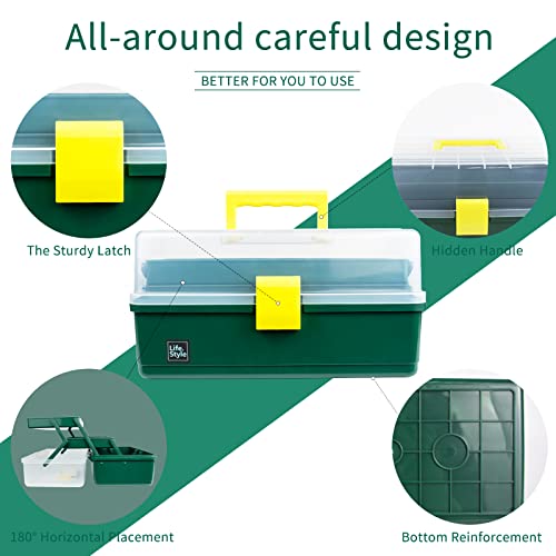 Creahaus 13 inch Art Craft Organizer Storage Box with 3 Layer, Multipurpose Plastic Tool Box with Handle for Sewing, Art Supply, Medicine, Nail, Hair Accessories (Dark Green) - color: Dark Green