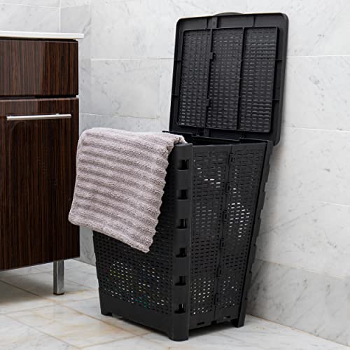 Mind Reader 61L Foldable Laundry Hamper, Clothes Basket, Lid, Wicker Design, Plastic, 18"L x 14.5"W x 21.25"H, Black - color: Black