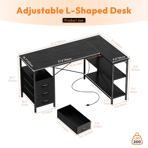 Alpen Computer Desk with Drawers, L Shaped Desk for Bedroom with Power Outlets, Gaming Table with Storage Shelves, Corner Desk for Gaming, Study Writing PC Table, 47 Inch, Black - color: Black, size: 47 Inches