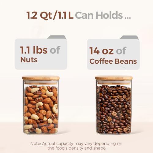 ComSaf 1.2 Qt Glass Storage Containers with Lids, Glass Jars with Lids, Clear Food Storage Jar, Square Canister Set of 9, Pantry Organizers and Storage for Cookie Flour Oat Pasta Tea Coffee Bean - size: 1.2Qt*9