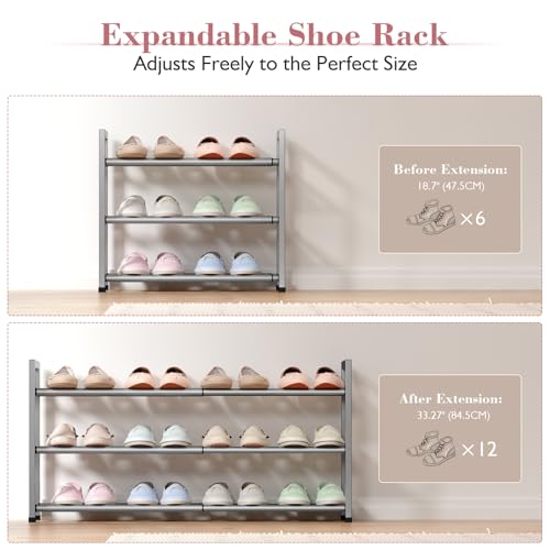 Bumusty 3-Tier Expandable Shoe Rack for Closet, 18“-33” Adjustable Shoe Rack for Small Space, Small Shoe Organizer for Front Door, Sturdy Metal, Light Grey - color: Light Grey, size: 3-Tier