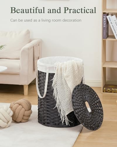 SETVSON Laundry Hamper with Lid Laundry Basket with Lid 19.0 Gal (72 L) Round Wicker Laundry Basket Handwoven Rattan Basket with Lid Removable Bag 2 Mesh Bags Handles for Living Room Bathroom Black - color: Black, size: 72L
