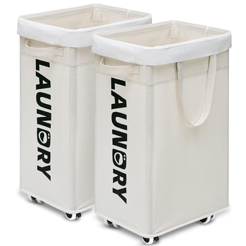 Goodpick Laundry Baskets with Wheels and Handle, 2-Pack 75L Collapsible Laundry Baskets, Clothes Laundry Basket with Removable Wash Bags for Corner Dorm, White Rolling Laundry Hamper - color: White 2-Pack