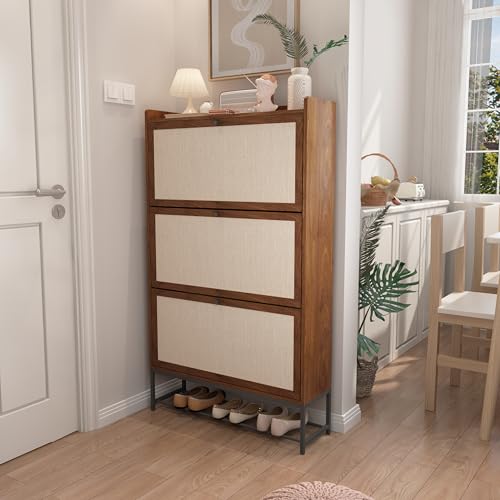 Shoe Cabinet Storage for Entryway, Narrow Shoe Cabinet with 3 Filp Drawers, Wood Freestanding Shoe Organizer Cabinet with Metal Legs, Hidden Storage Behind Door for Hallway, Living Room (Walnut) - color: Linen-walnut, size: 3 Drawer-Divider