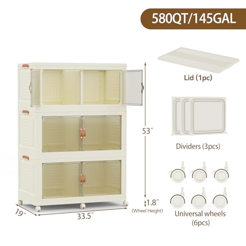 SAILUN 145Gal/579Qt Stackable Storage Bins Folding Collapsible Storage Bins with Lid, Closet Organizers and Storage Box with Door Cream 33.5" W x 19" D x 53" H - color: Cream, size: 1 Lid 3 Pack-33.5" W x 19" D x 53" H