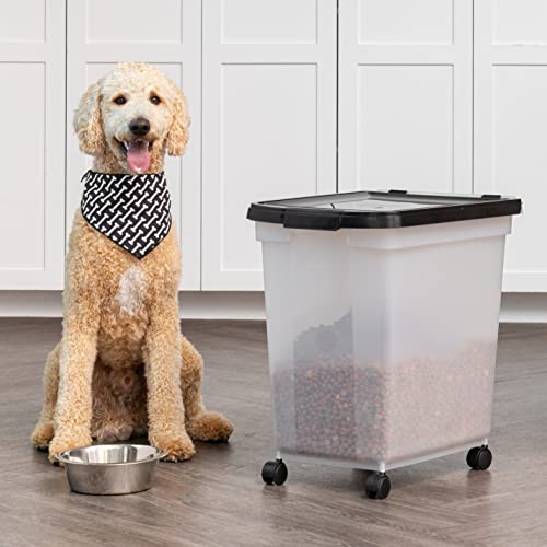 IRIS USA 50 Lbs / 65 Qt WeatherPro Airtight Pet Food Storage Container with Removable Casters, for Dog Cat Bird and other Pet Food Storage Bin, Keep Fresh, Translucent Body, Easy Mobility, Clear/Black