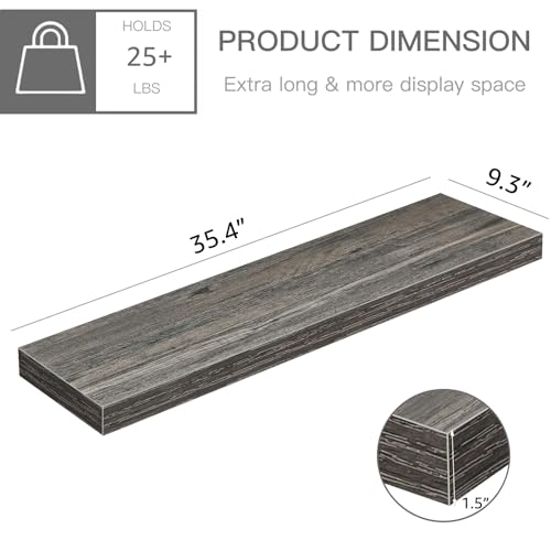 QEEIG Floating Shelves for Wall 35.4" Long - Wall Mounted Shelf Bathroom Kitchen Living Room Bedroom Farmhouse Home Decor Display Bookshelf Large 35.4 x 9.3 inch Set of 2, Grey (008-90GY) - color: D. Grey, size: 35.4"