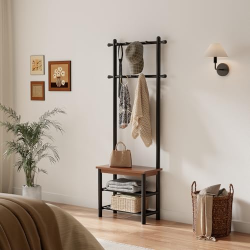 Coat Rack with Shoe Storage, Wood and Metal Frame, Entryway Hall Tree with Bench, Featuring 11 Hooks and 2-Tier Storage Shelves, 3-in-1, Entry Bench with Coat Rack (23.6" Walnut) - size: 60
