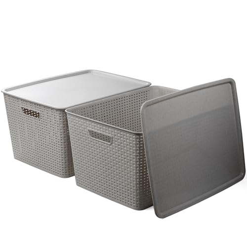 BINO | Plastic Storage Baskets with Lids, 45 Liter - 3 Pack, Natural Grey | THE WOVEN COLLECTION | Storage Basket for Shelves | Woven Storage Baskets for Organizing Bins | Pantry Shelf Organizer Bin - color: Natural Grey, size: 45L | 2-Pack