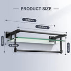 20-inch Glass Shelf with Towel bar, Matte Black-Finished Rail, Rectangular Stainless Steel Shelf, Wall-Mounted Storage Rack - color: Matte Black, size: 20-inch with Railing