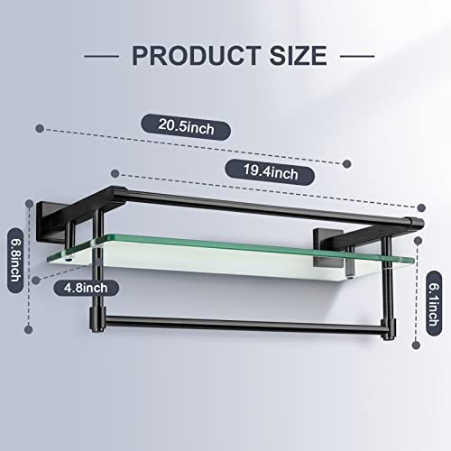 20-inch Glass Shelf with Towel bar, Matte Black-Finished Rail, Rectangular Stainless Steel Shelf, Wall-Mounted Storage Rack - color: Matte Black, size: 20-inch with Railing