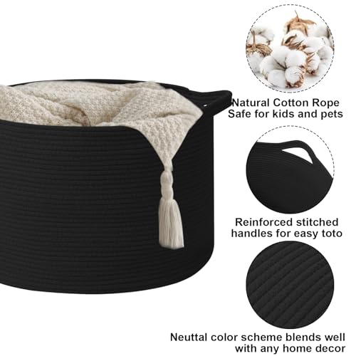 115L Extra Large Blanket Basket,Woven Rope Laundry Basket Hamper with Handles, Decorative Nursery Basket Storage Bin for Toys, Clothes Organizer, Living Room, Bedroom, Bathroom, Black - color: Black, size: 23.6"L x 23.6"W x 15.7"H(115L)