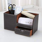KINGFOM Desk Organizer Office Supplies Caddy Pu Leather Multi-function Storage Box Pen/Pencil,Cell phone, Business Name Cards Remote Control Holder with Small Drawer Brown - color: Brown