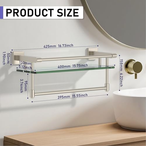16-Inch Modern Glass Shelf with Towel Bar, 1-Shelf, Brushed Nickel Finish, Wall Mount, Bathroom Organizer - color: Brushed Nickel, size: 16-inch with Railing