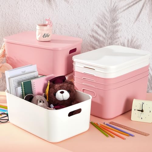 Hoolerry 8 Pieces Colorful Storage Bins with Lid, Plastic Storage Basket Organizing Container Stackable Box with Handle for Shelves Desktop Playroom Office(13.8 x 9.8 x 5.9 Inch,White and Pink) - color: White and Pink, size: 13.8 x 9.8 x 5.9 Inch